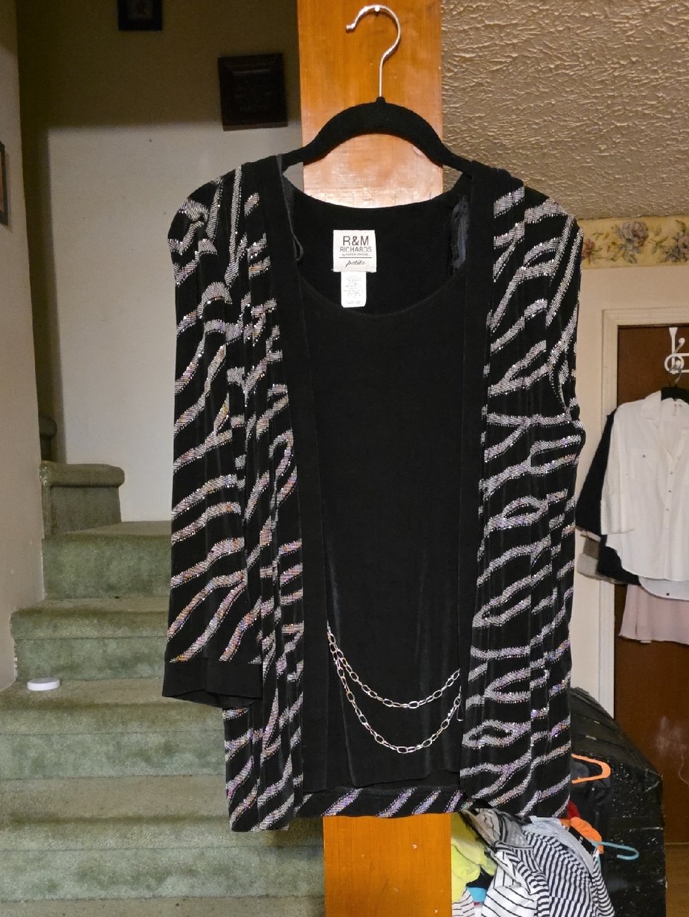 R&M Richards Black Sweater Cardigan with Silver Zebra Stripes